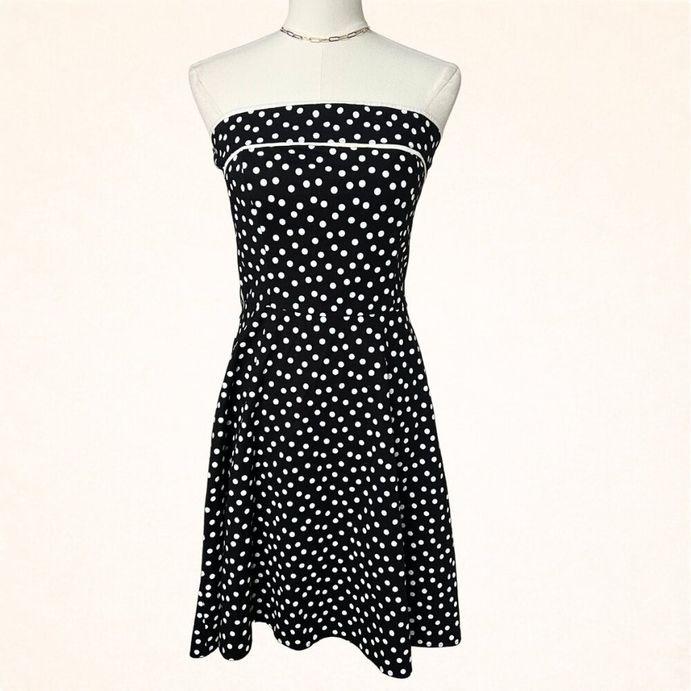 Black and White Polka Dot Strapless Midi Dress